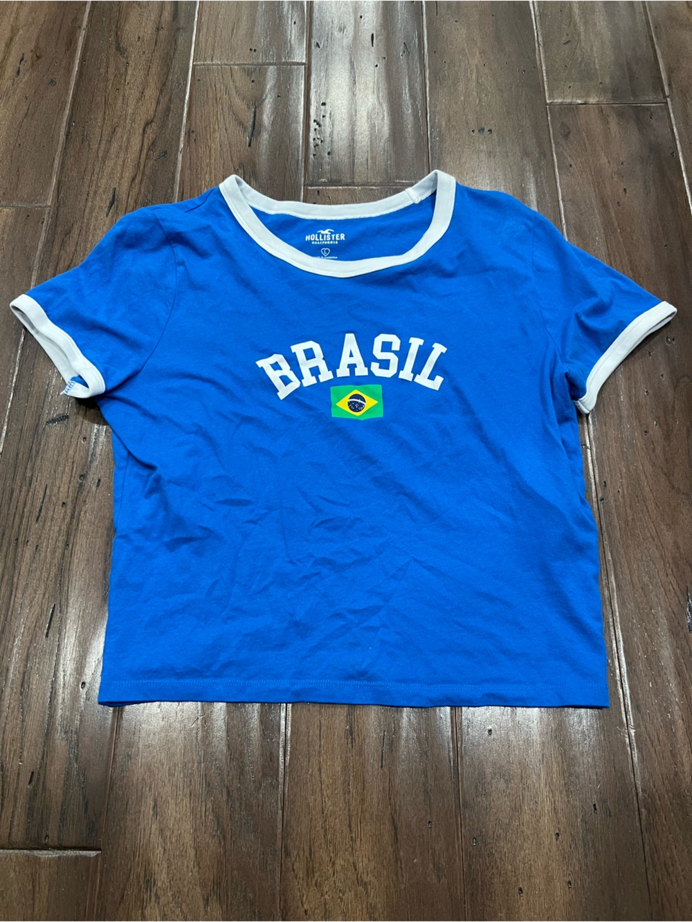 Hollister Blue 'Brasil' Ringer Tee with Flag Graphic